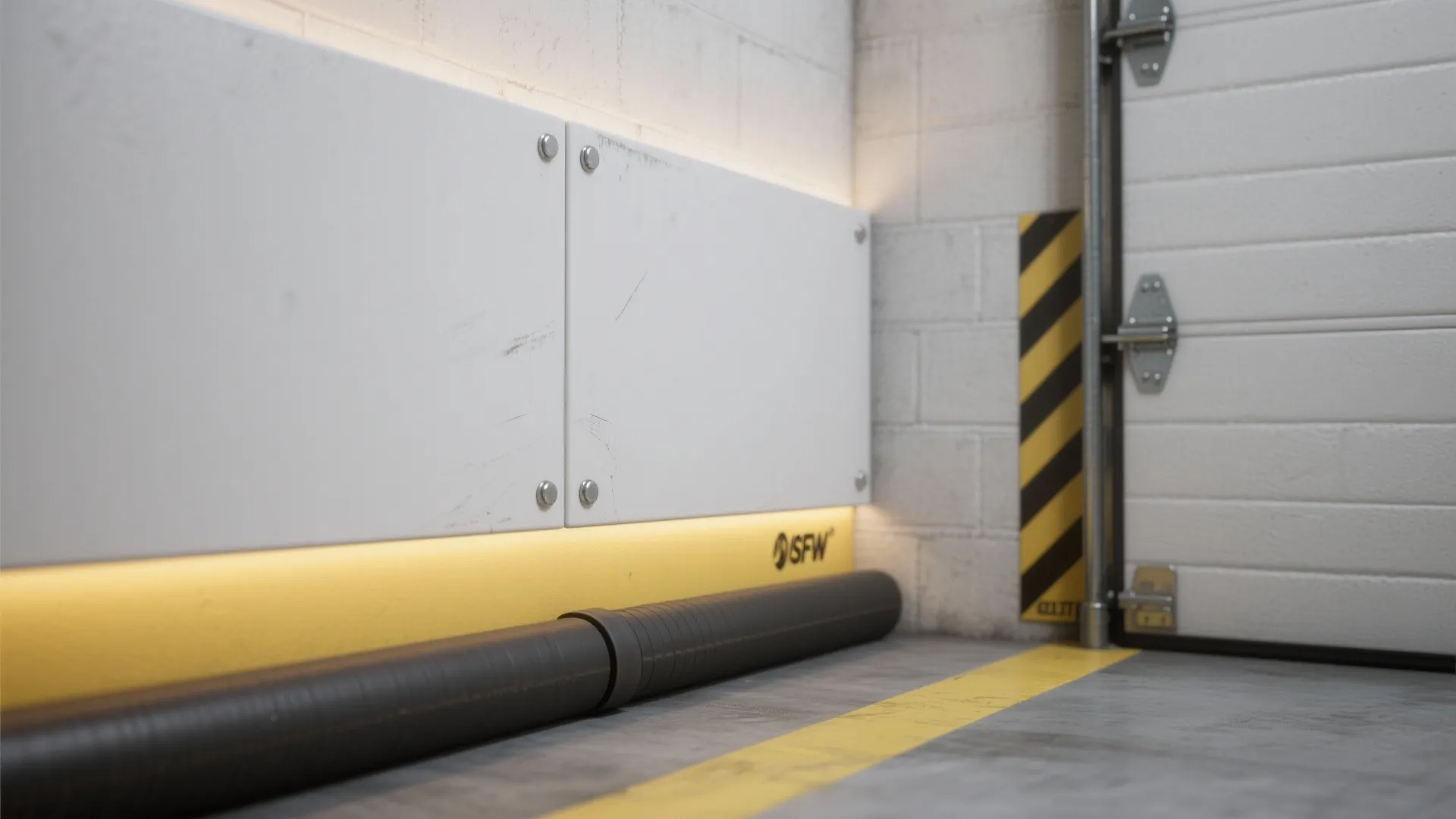 Close up of white wall panel with yellow light strip and black protective floor pipe