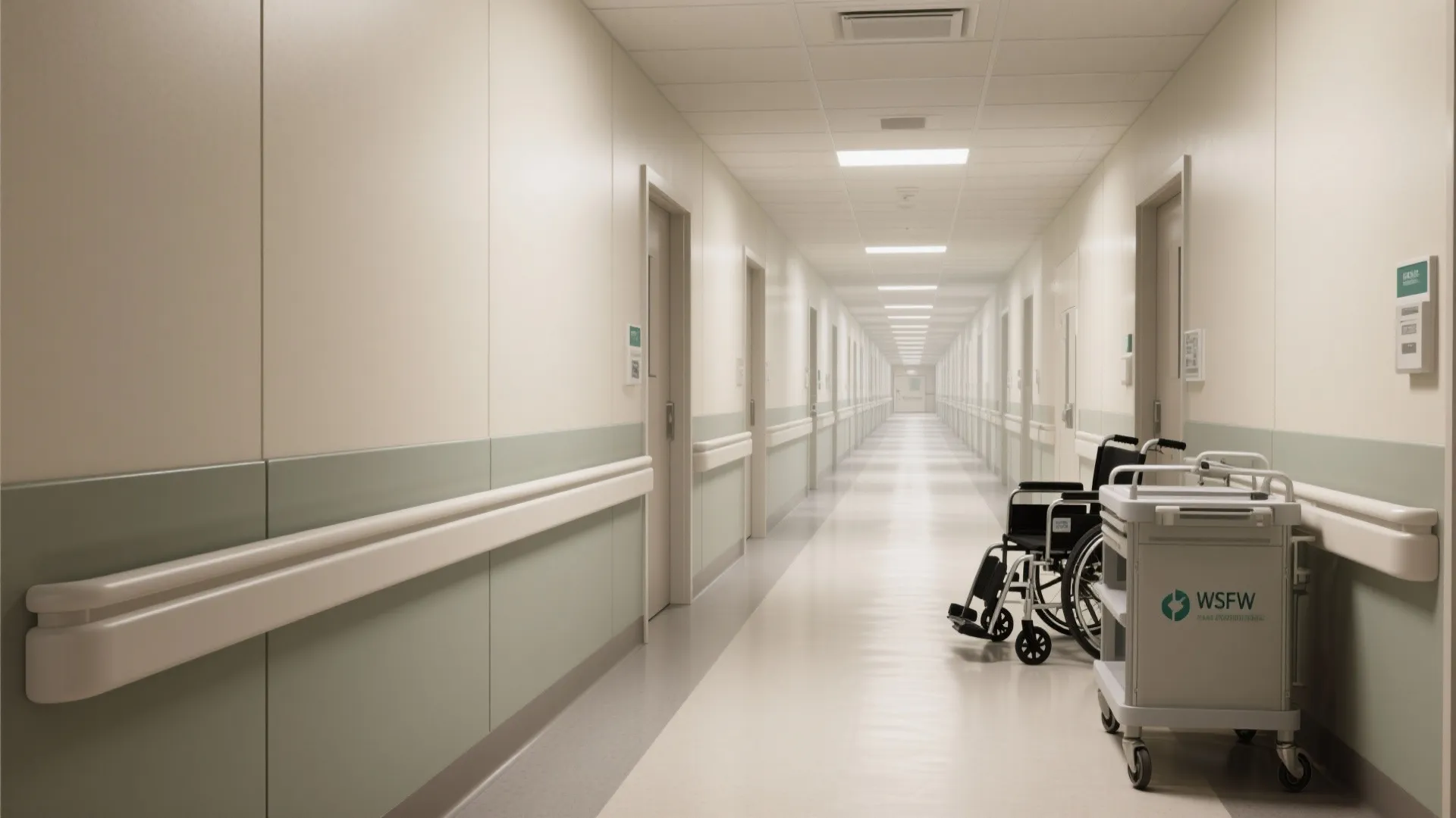 Long clean hospital hallway featuring light green wall panels white handrails and a black wheelchair
