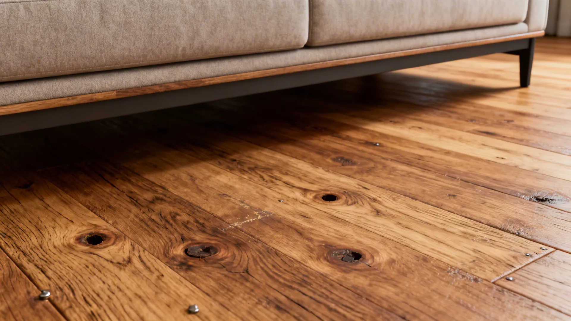Wire-brushed hardwood flooring and hand-scraped wood details showing knots and patina