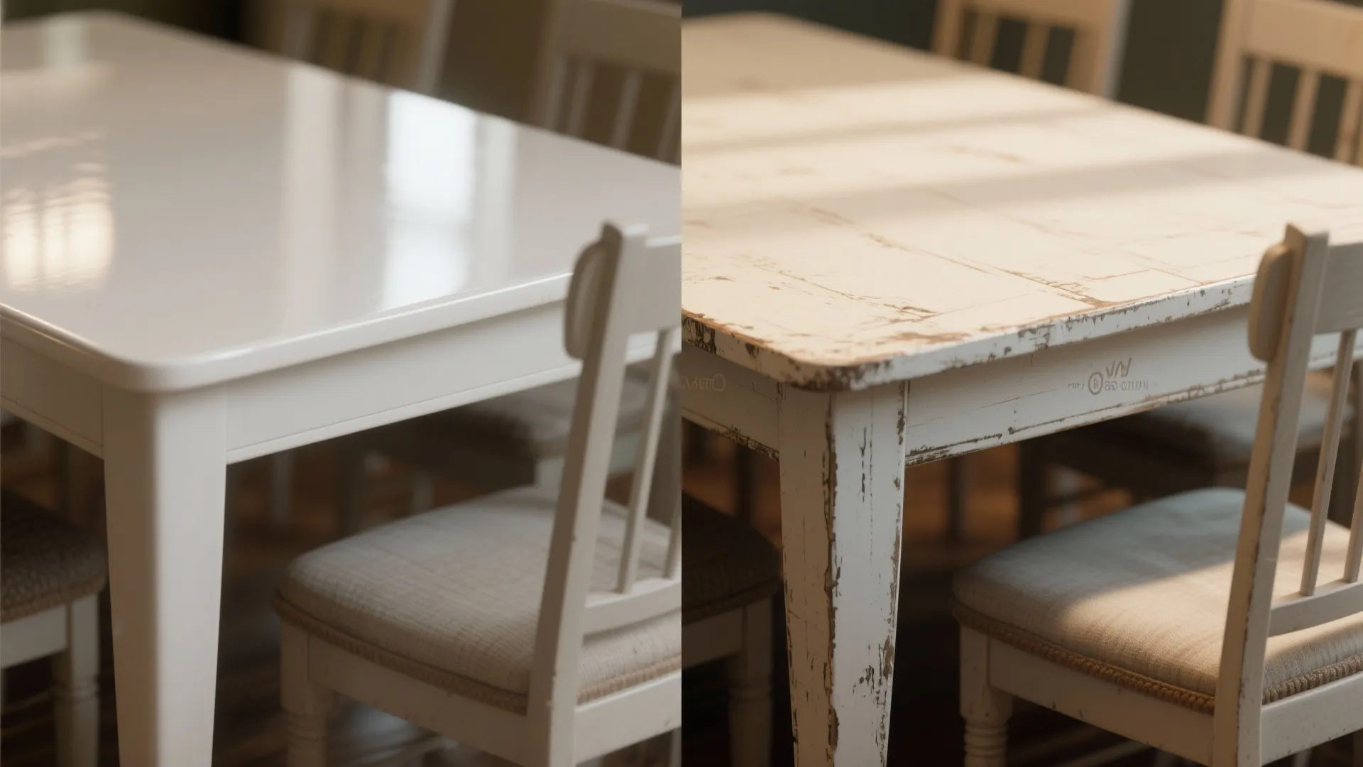 Comparison between a smooth white dining table and a table with chipped paint and old wood