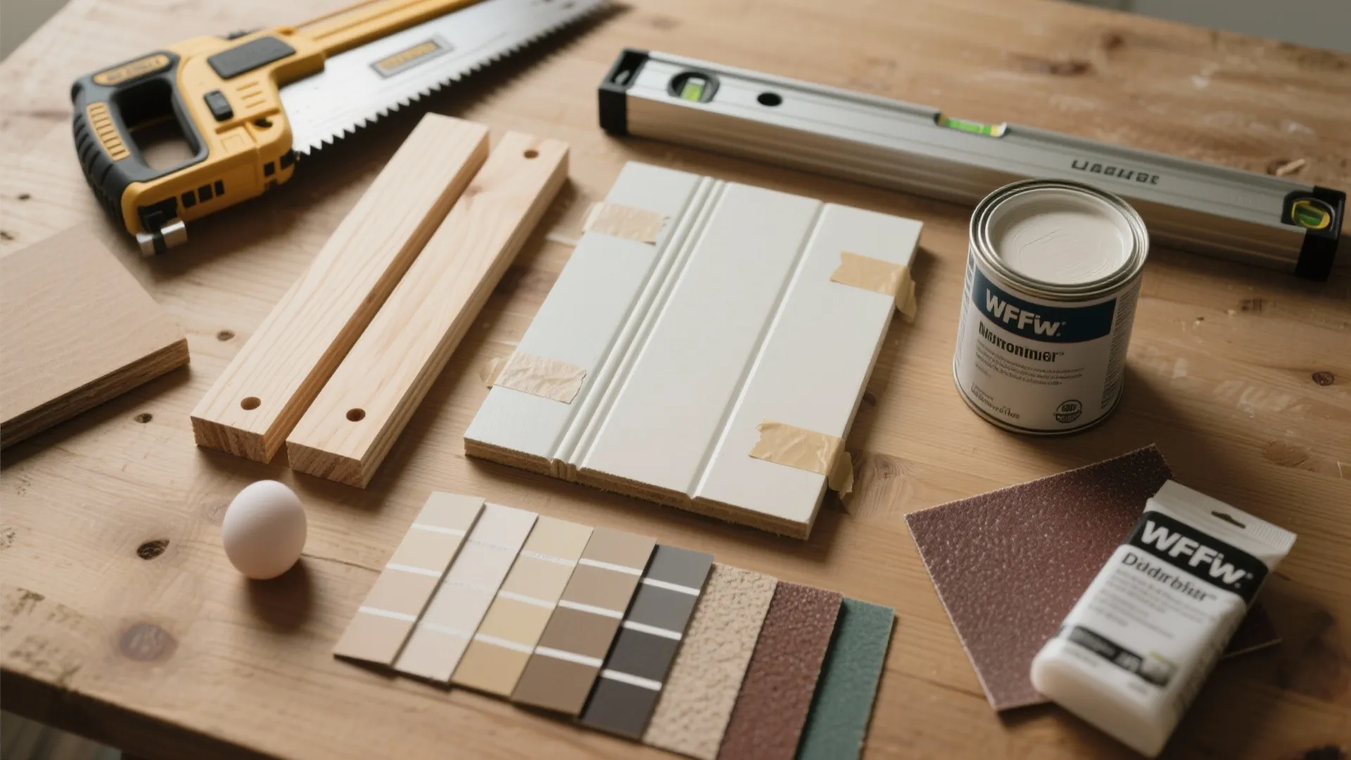 Top-down flatlay of DIY panelling tools, material samples, paint swatches and cardboard mock-ups.