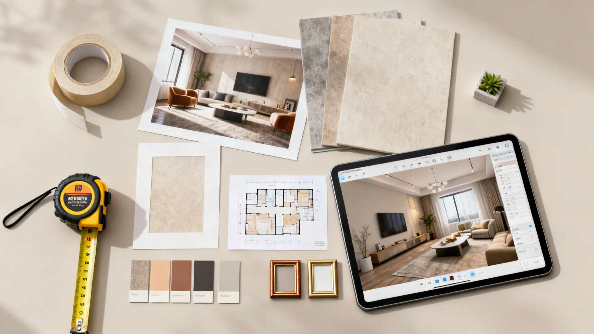 Flatlay of tools and samples for planning wall treatments, including tape, swatches, and a tablet with a room planner.