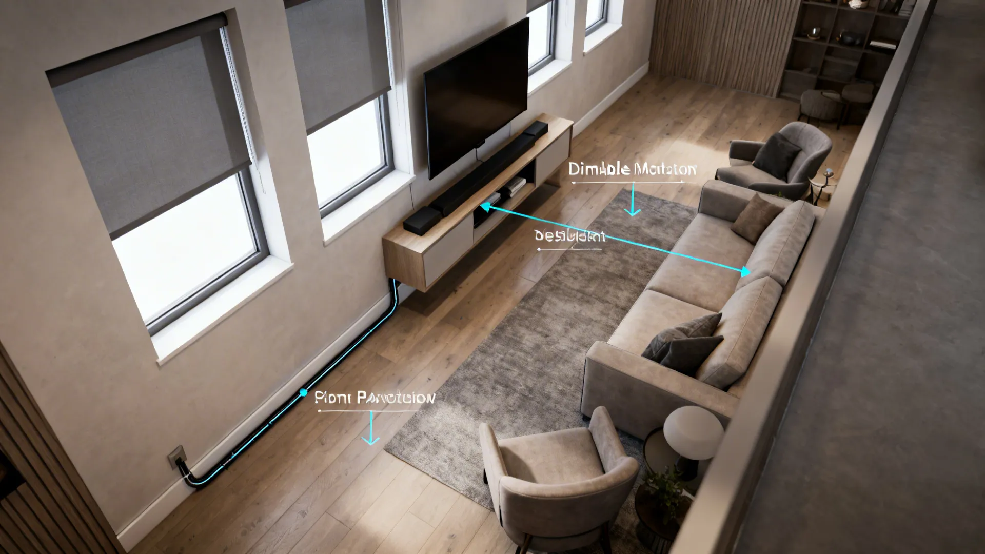 Top-down layout mockup of a living room with a TV between windows showing power channel and sightlines