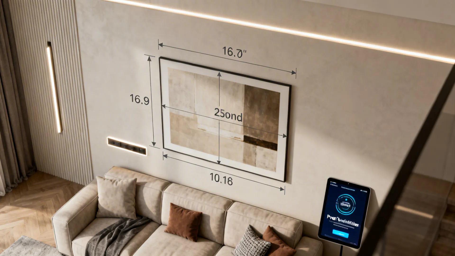 Top-down mockup showing measurement guides and lighting plans for placing wall art above a sofa
