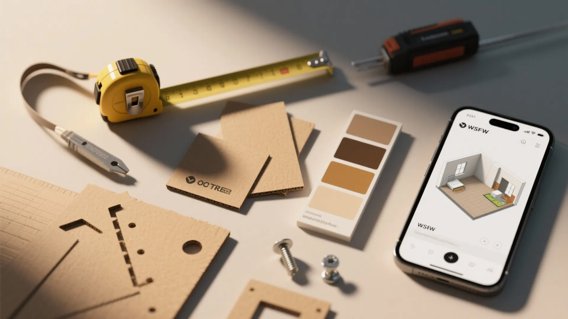 Smartphone displaying 3D interior design room beside yellow tape measure color samples and cardboard pieces