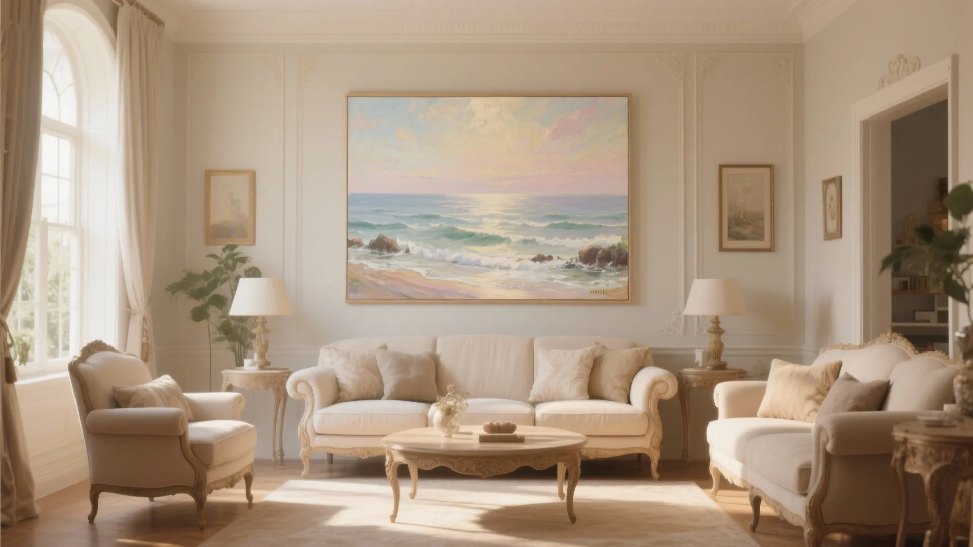 Pastel impressionist seascape canvas in classic living room