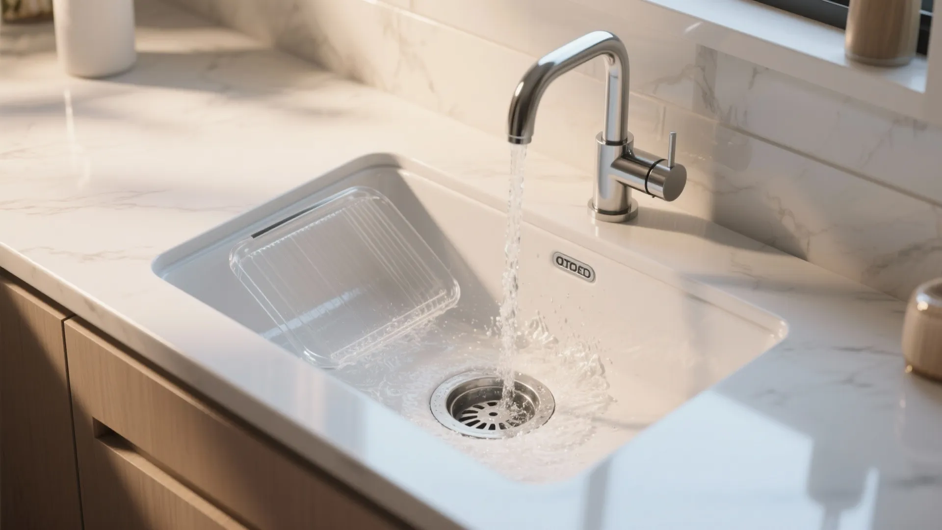 Sink with new pop-up drain and clear splash guard showing improved water flow and no pooling.
