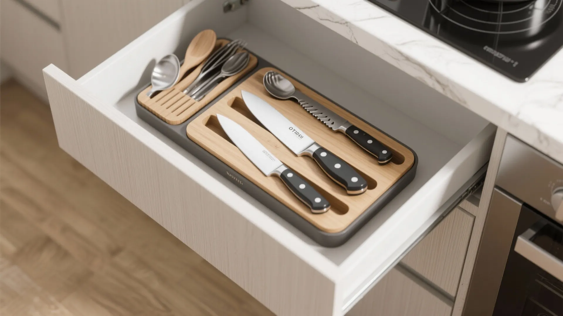 Open kitchen drawer with a wood organizer holding knives and spoons next to a stove