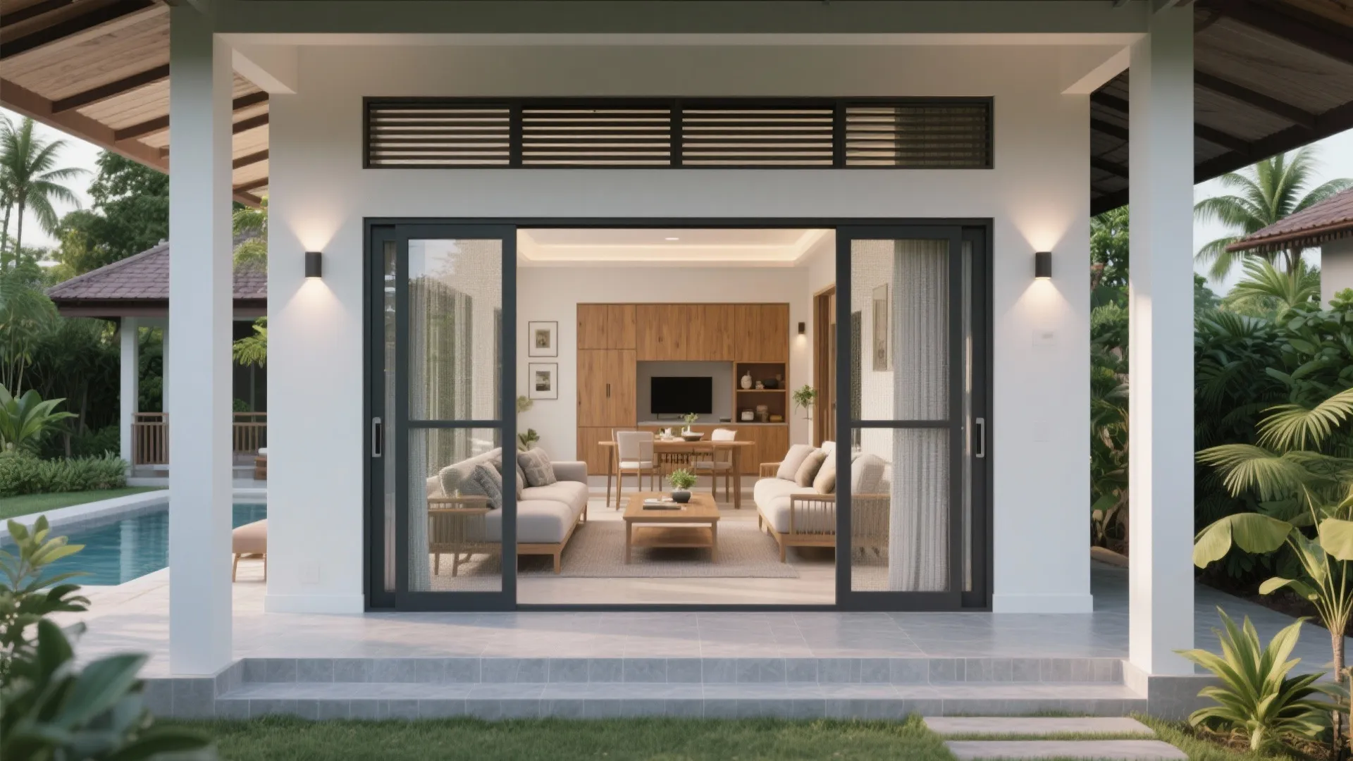 Modern tropical villa living room with sliding glass doors opening to a swimming pool area