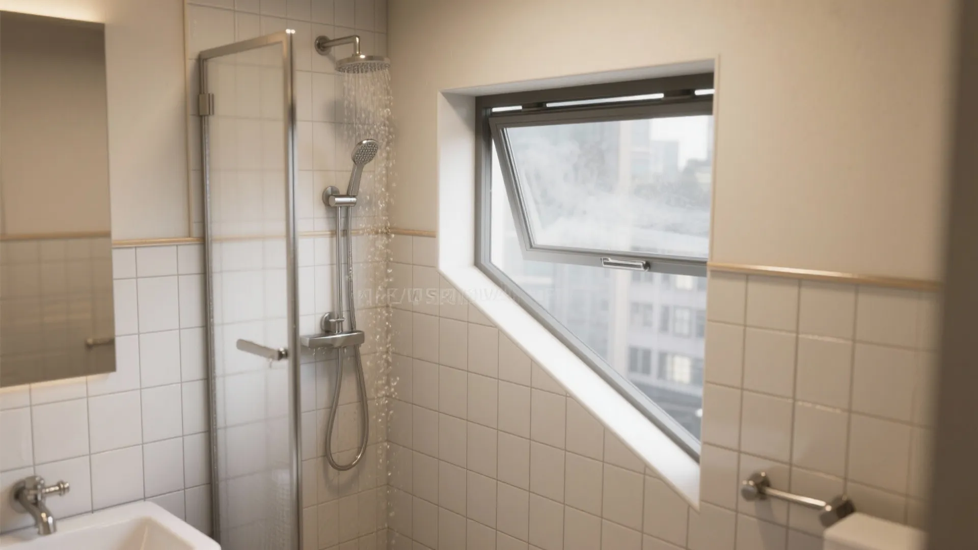 Modern bathroom shower with running water next to an open window for natural light ventilation
