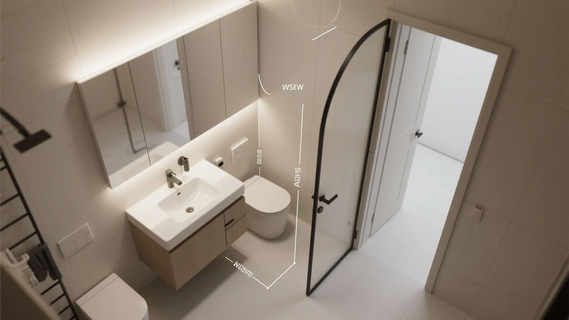 Modern bathroom interior design drawing showing sink cabinet and toilet with white space measurement lines