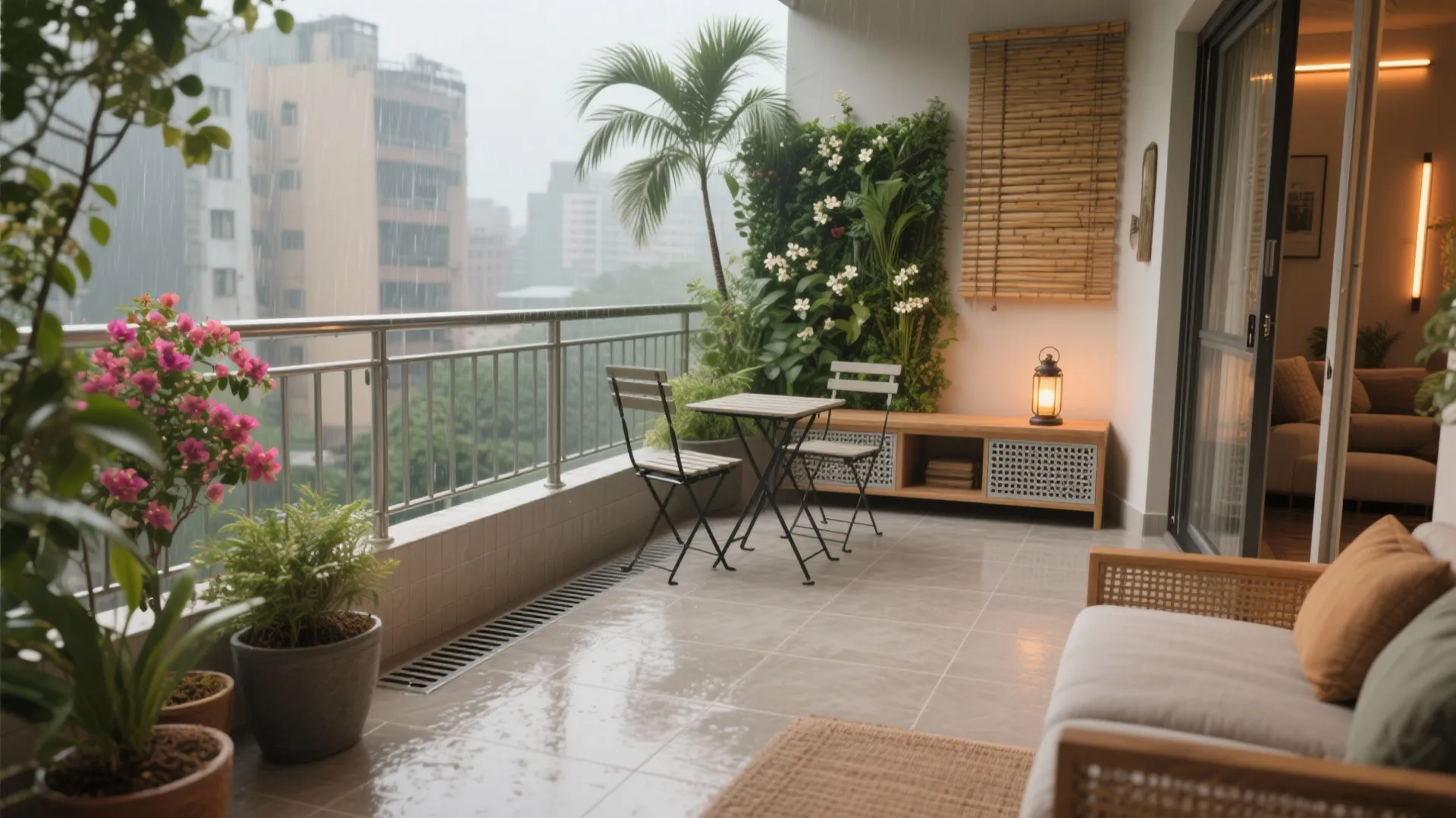 Cozy rainy balcony with wet floor tiles small table chairs green plants and warm lighting