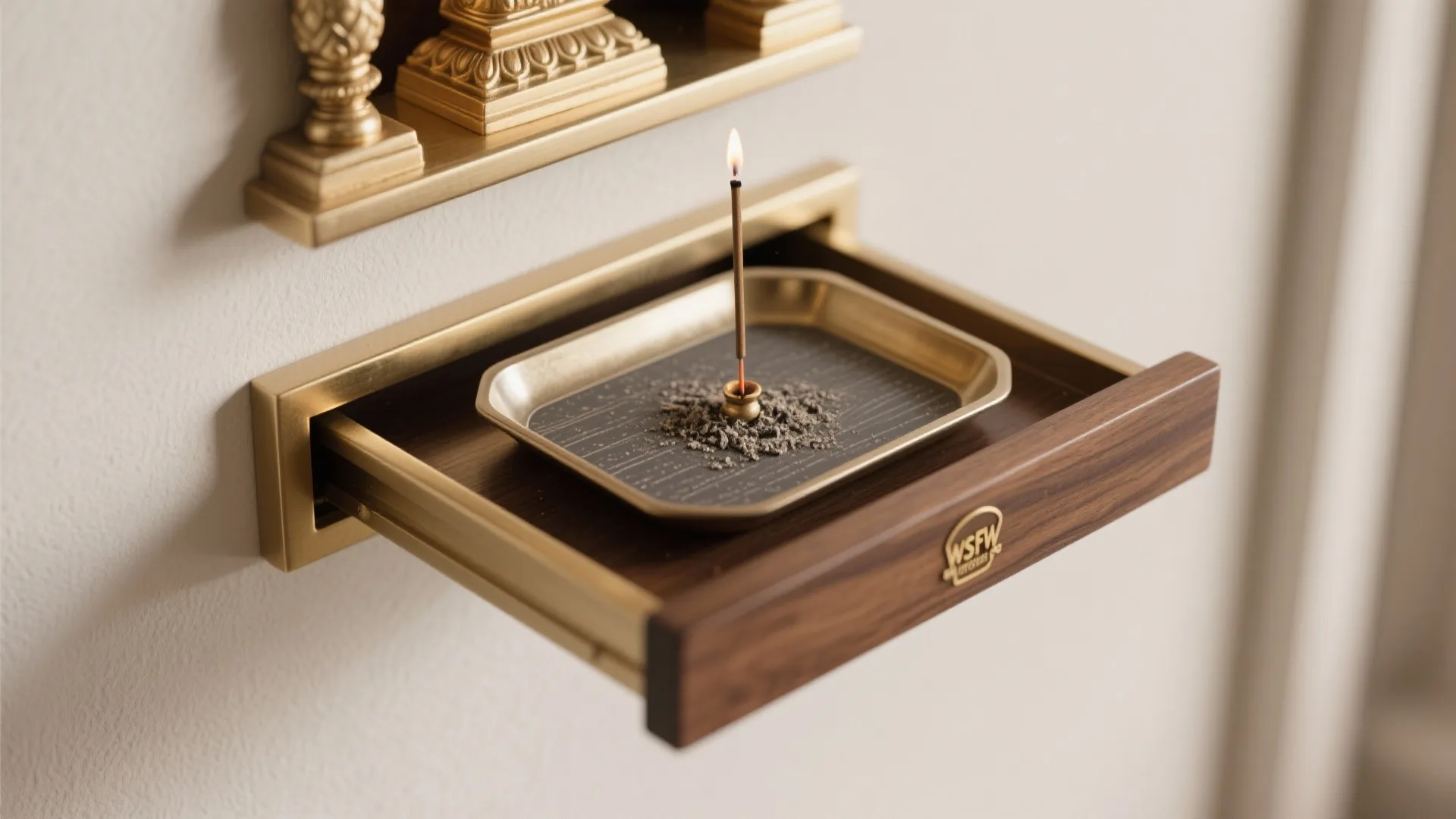 Wooden wall drawer holding a gold metal tray with burning incense stick and grey ash