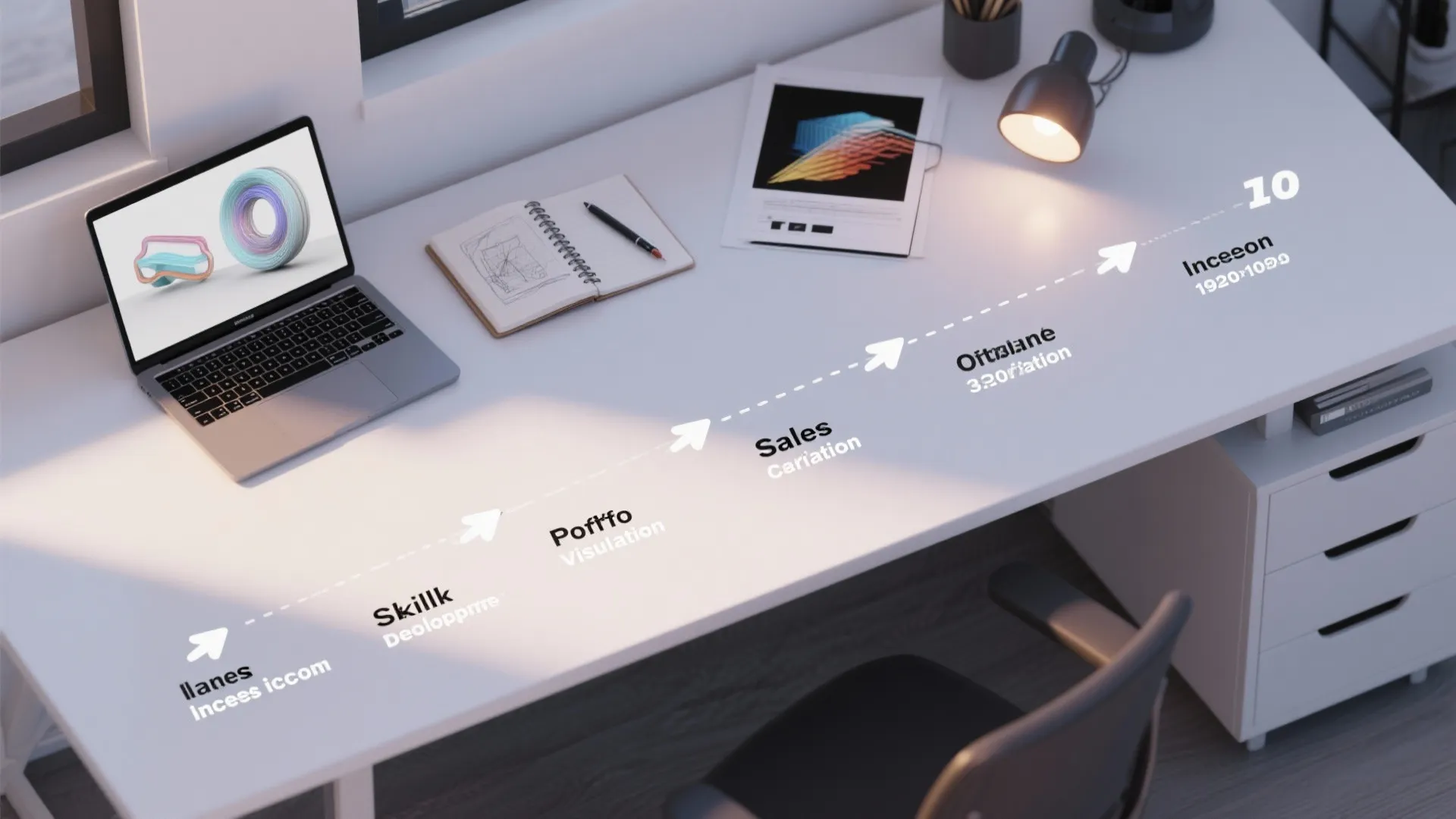 Desk with laptop and notebook showing a business growth process with arrows and text labels