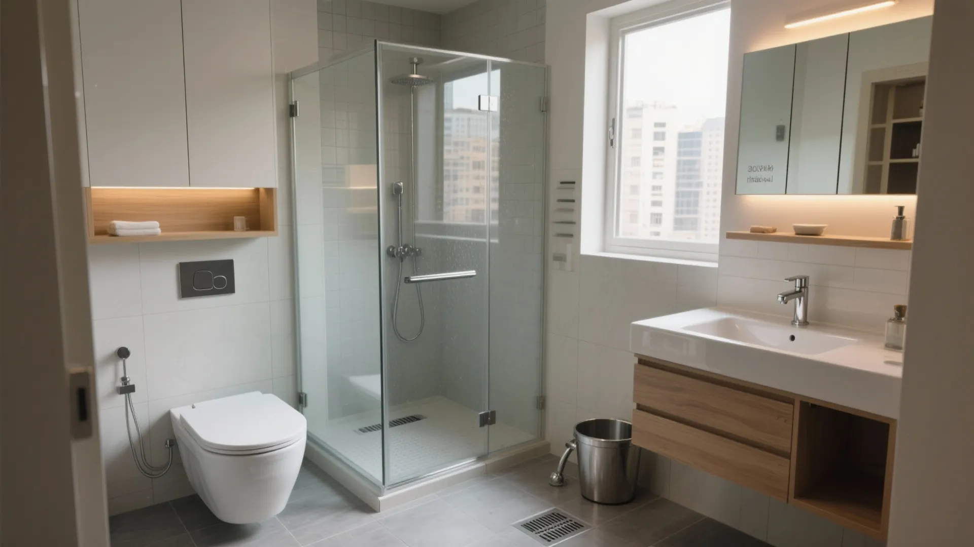 Full bathroom interior design drawing with glass shower door white toilet and wooden sink cabinet