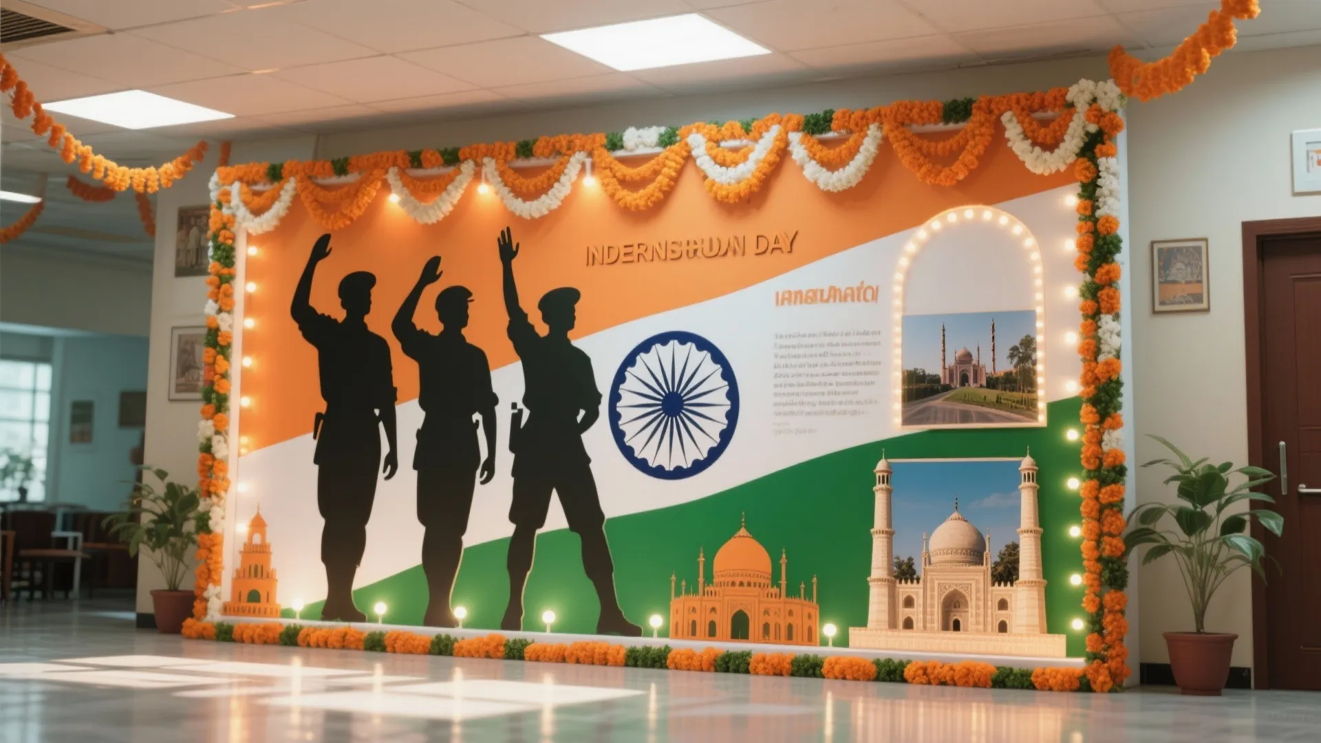 Indian flag wall display with soldier silhouettes and landmark photos for a special holiday event