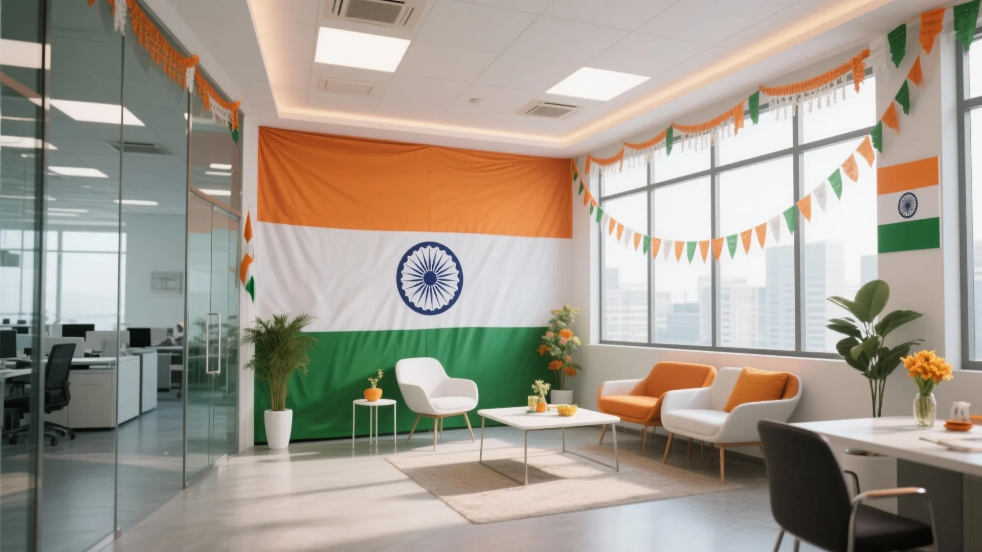 Office waiting area decorated with national flag on wall plus orange and white lounge chairs