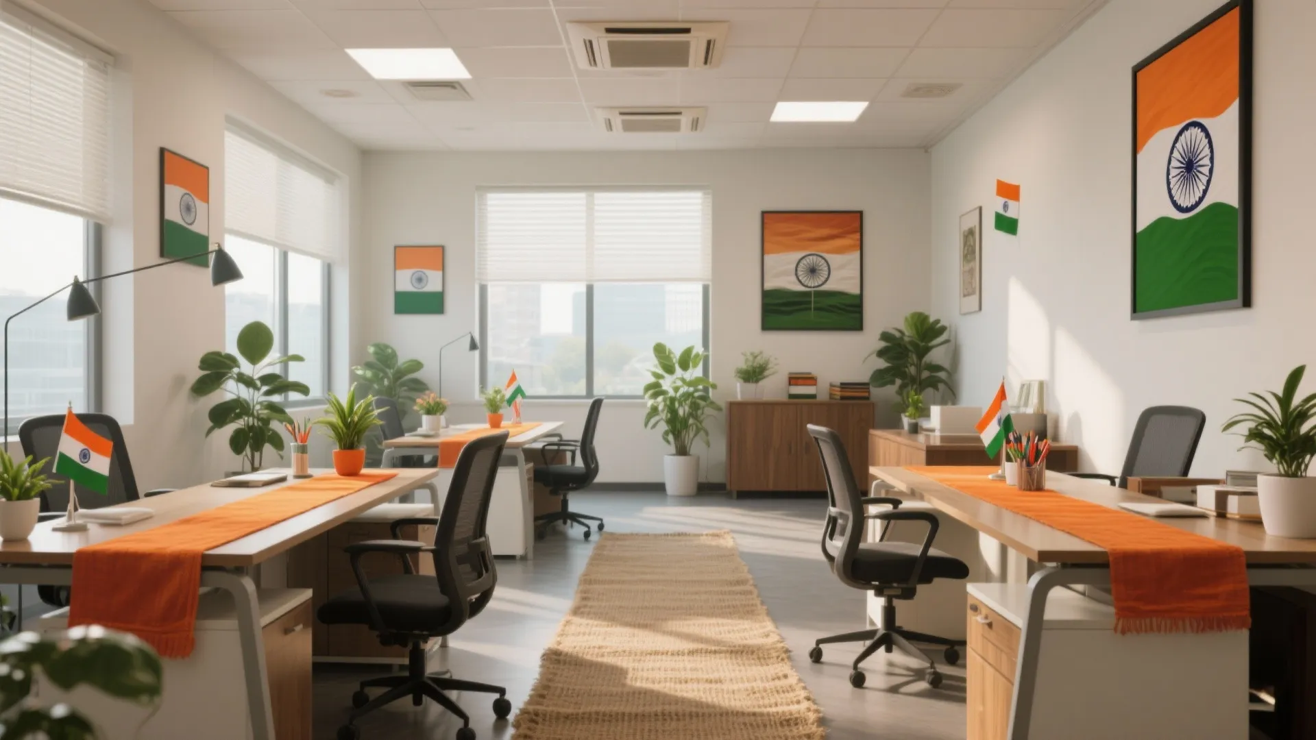 Bright office interior with wooden desks orange runners indian flags green plants and black chairs