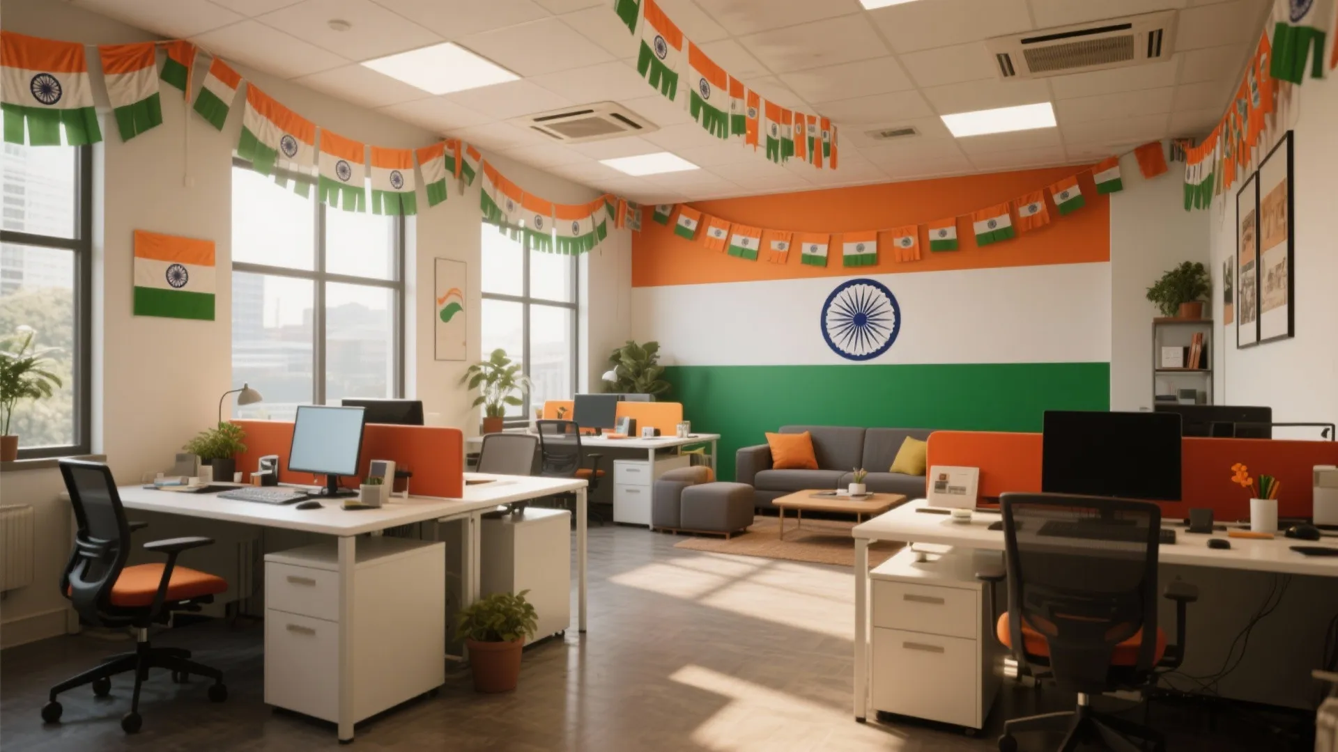 Modern office workspace decorated with Indian flags orange white and green banners for independence day