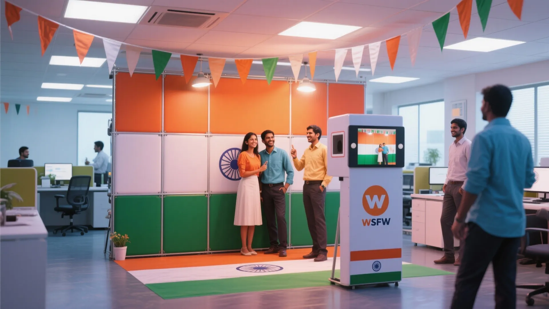 Office employees posing for a picture at an Indian flag themed photo booth with decorations