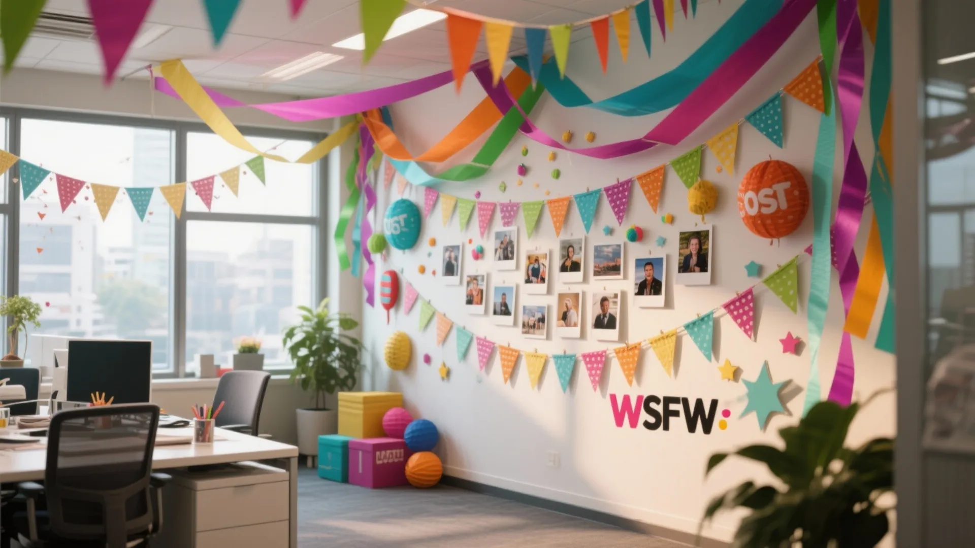 Office wall decorated with colourful flags ribbons and photo gallery next to a white desk