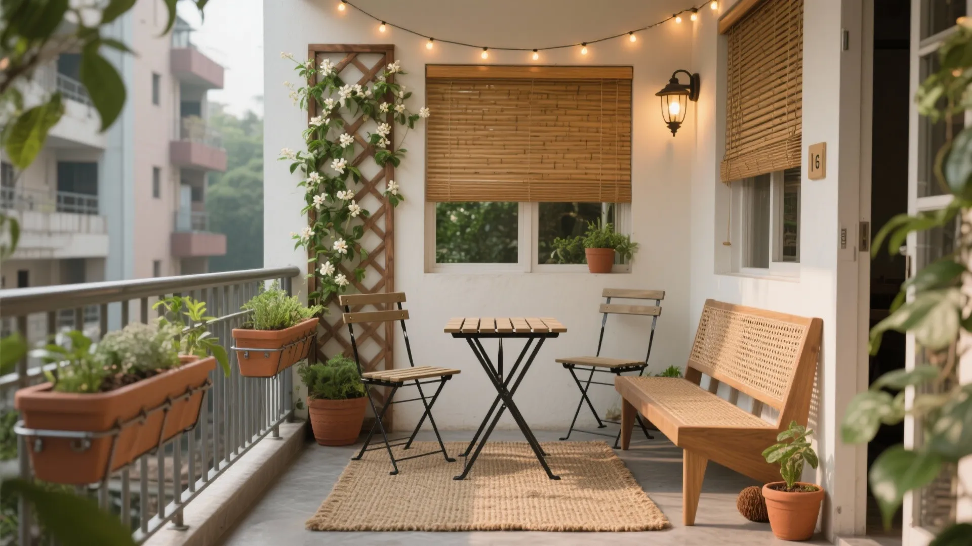 Cozy outdoor balcony featuring wooden folding furniture and bench decorated with plants and hanging string lights