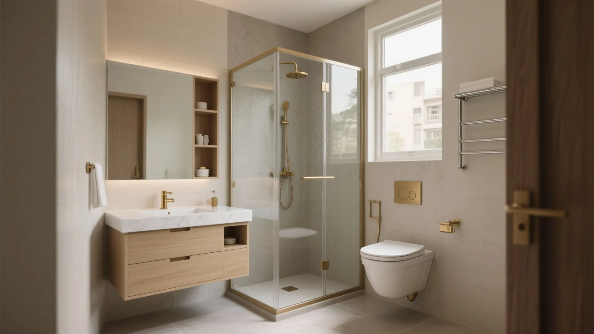 Modern bathroom with wood cabinet marble sink glass shower gold fixtures and white toilet wall