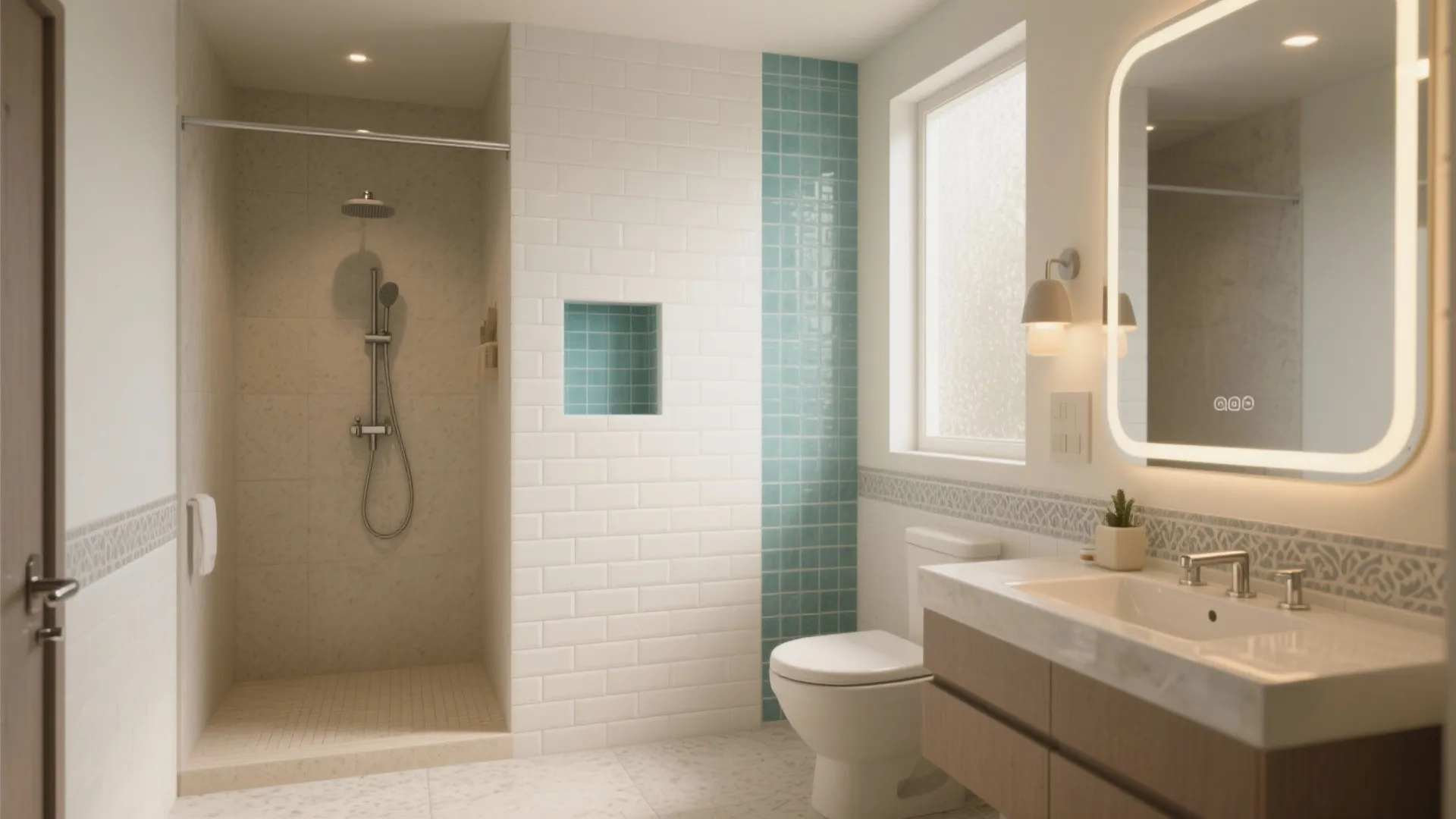 Bathroom interior design with a walk-in shower blue wall tiles toilet sink and a lighted mirror