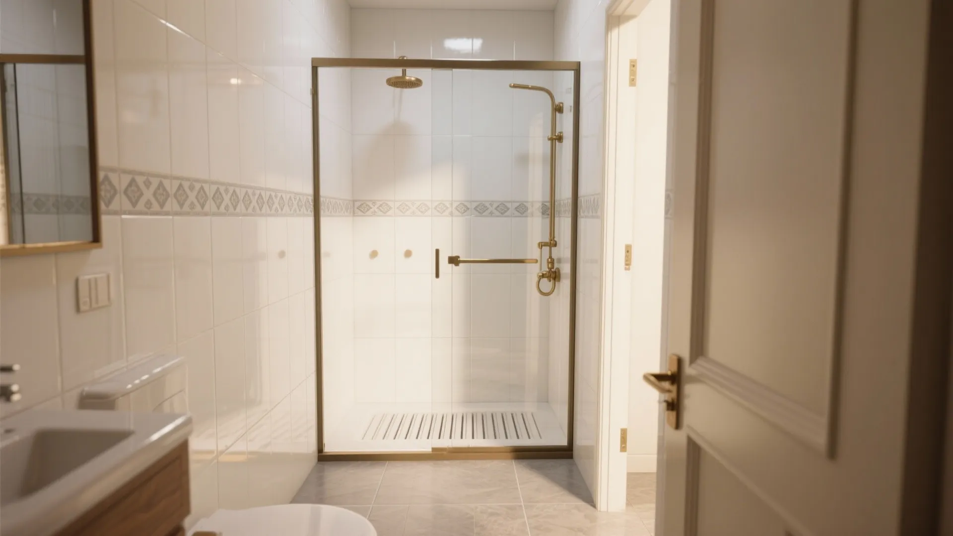 Bright bathroom with glass shower door, gold light fixture, white tiles, and grey floor tiles