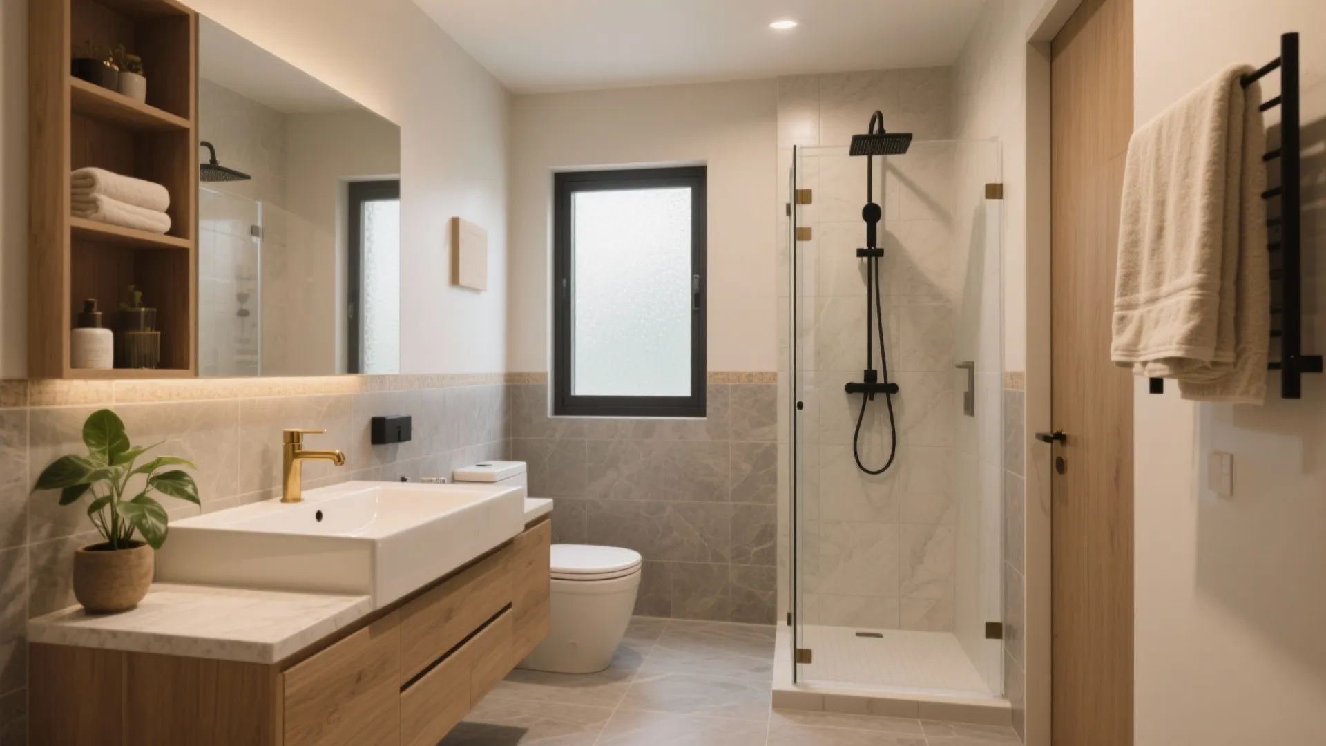 Modern bathroom with white sink wood cabinet gold tap glass shower door and grey wall tiles
