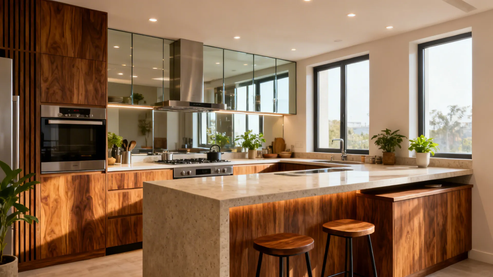 Modern kitchen with wood cabinets stone island bar stools built-in oven and large bright glass windows