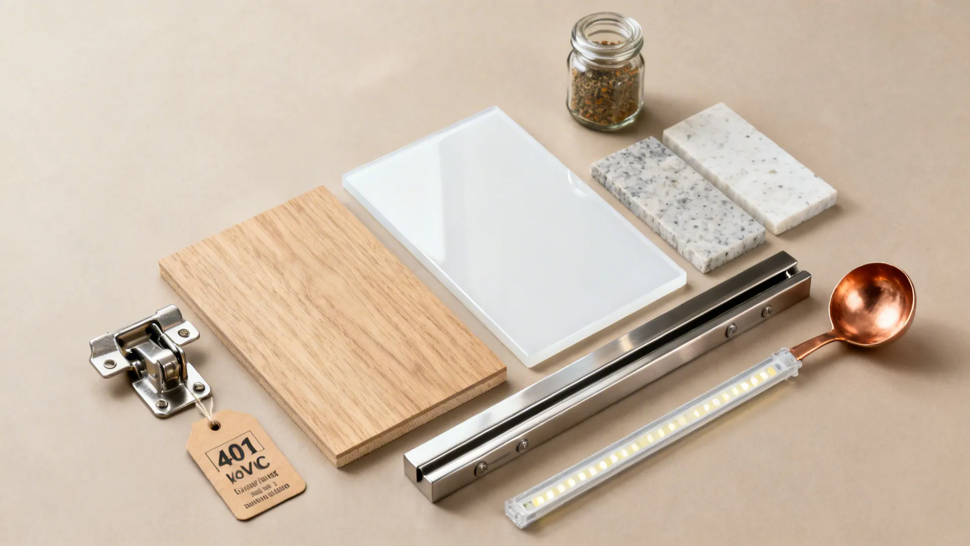 Flat lay of light oak laminate, glossy white panel, quartz chips, stainless hardware, LED strip, and spice jar.