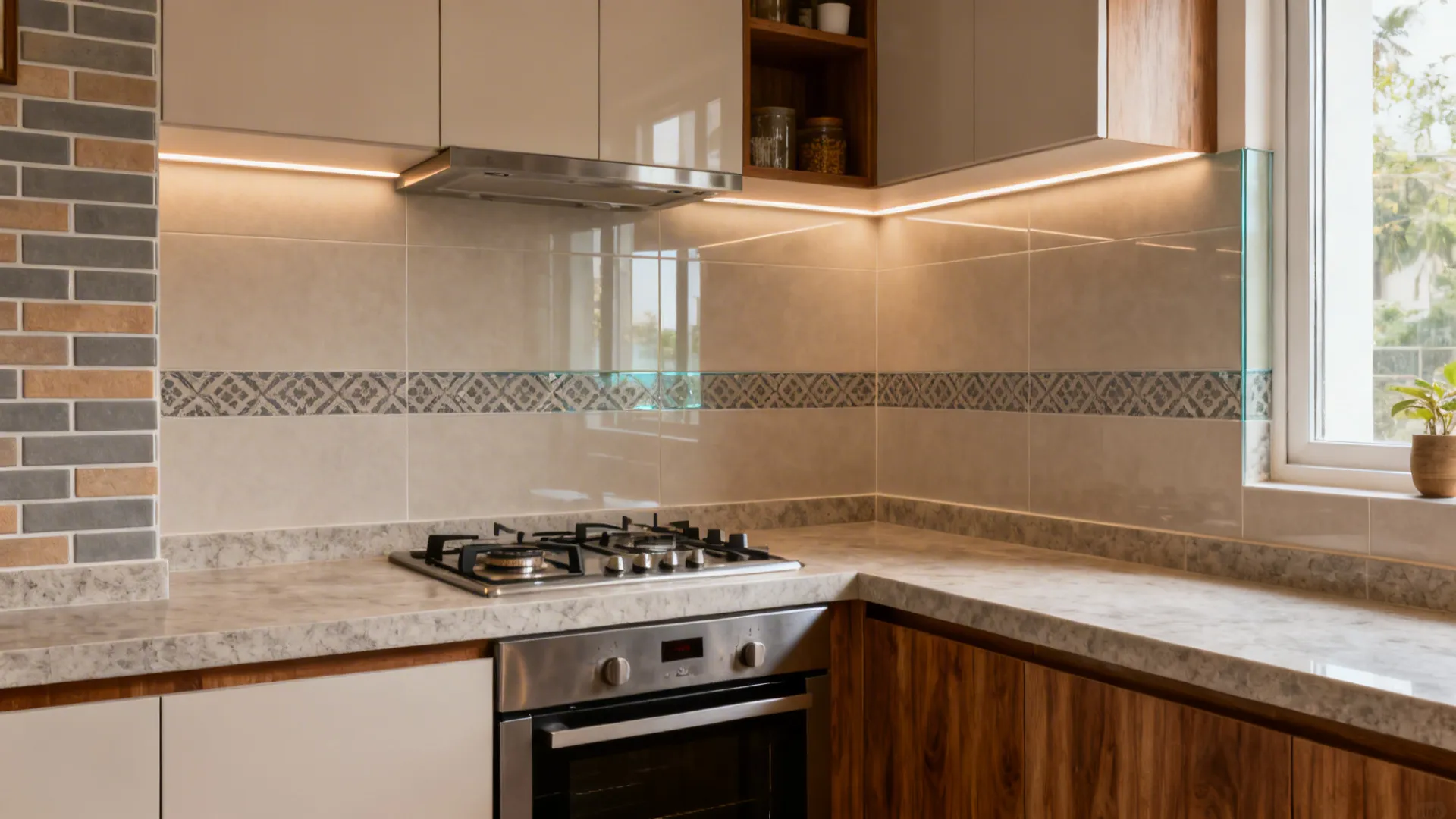 Kitchen corner with cream upper cabinets wood lower cabinets marble countertop and decorative tile border