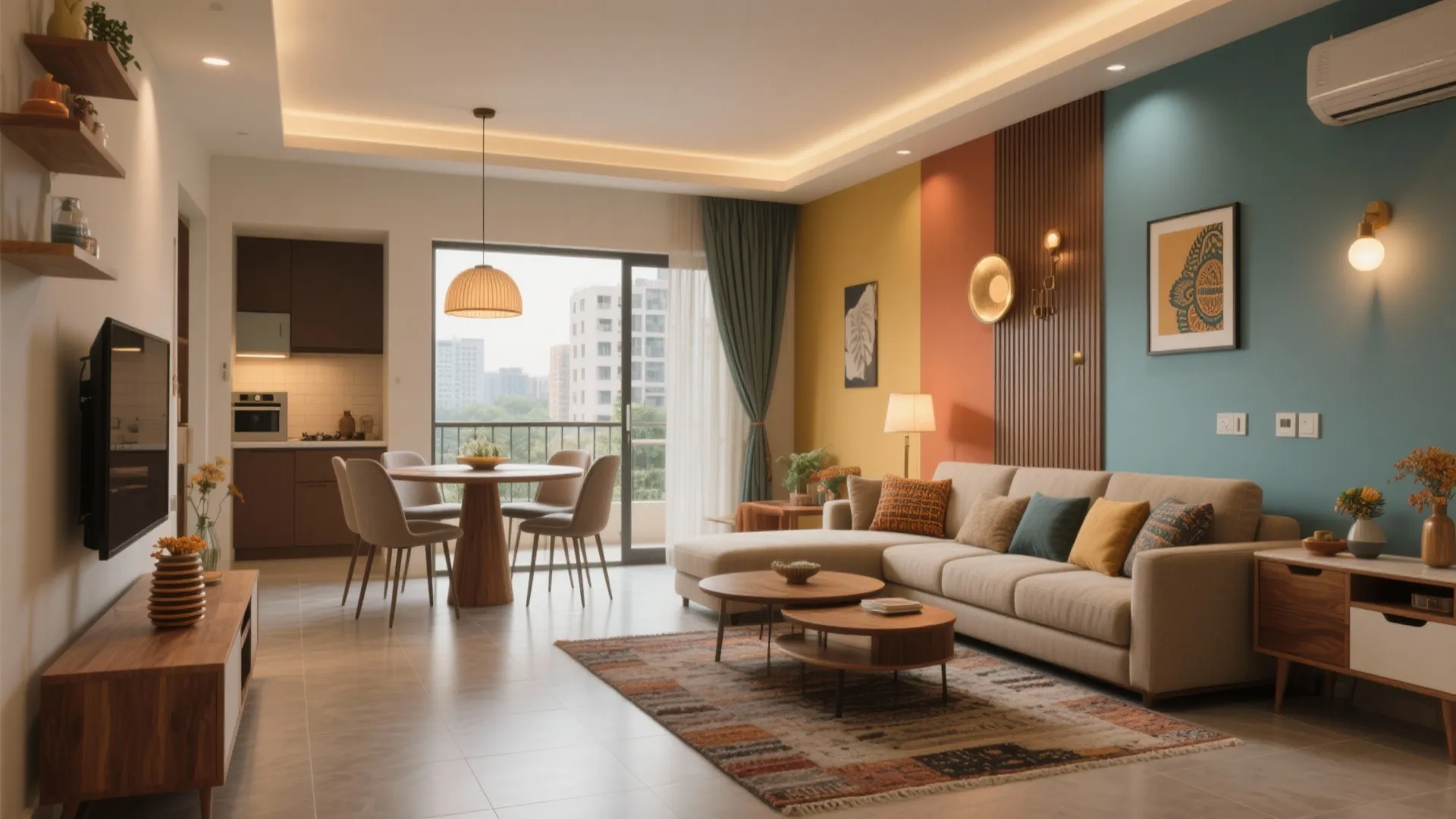 Modern colorful living room featuring a beige sofa wooden table wall light and blue wall