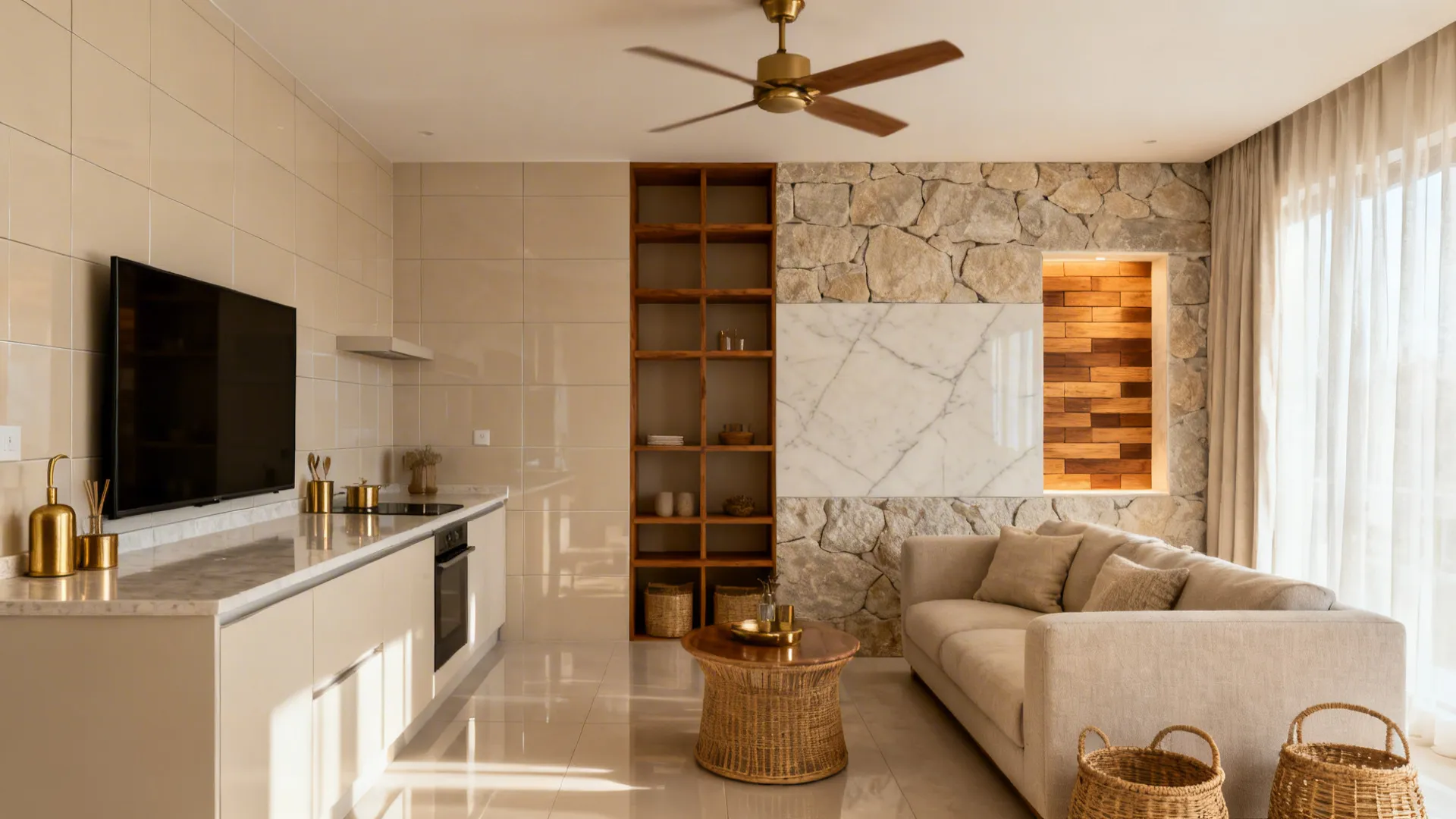Modern living area and kitchen with stone wall marble panel beige sofa ceiling fan television
