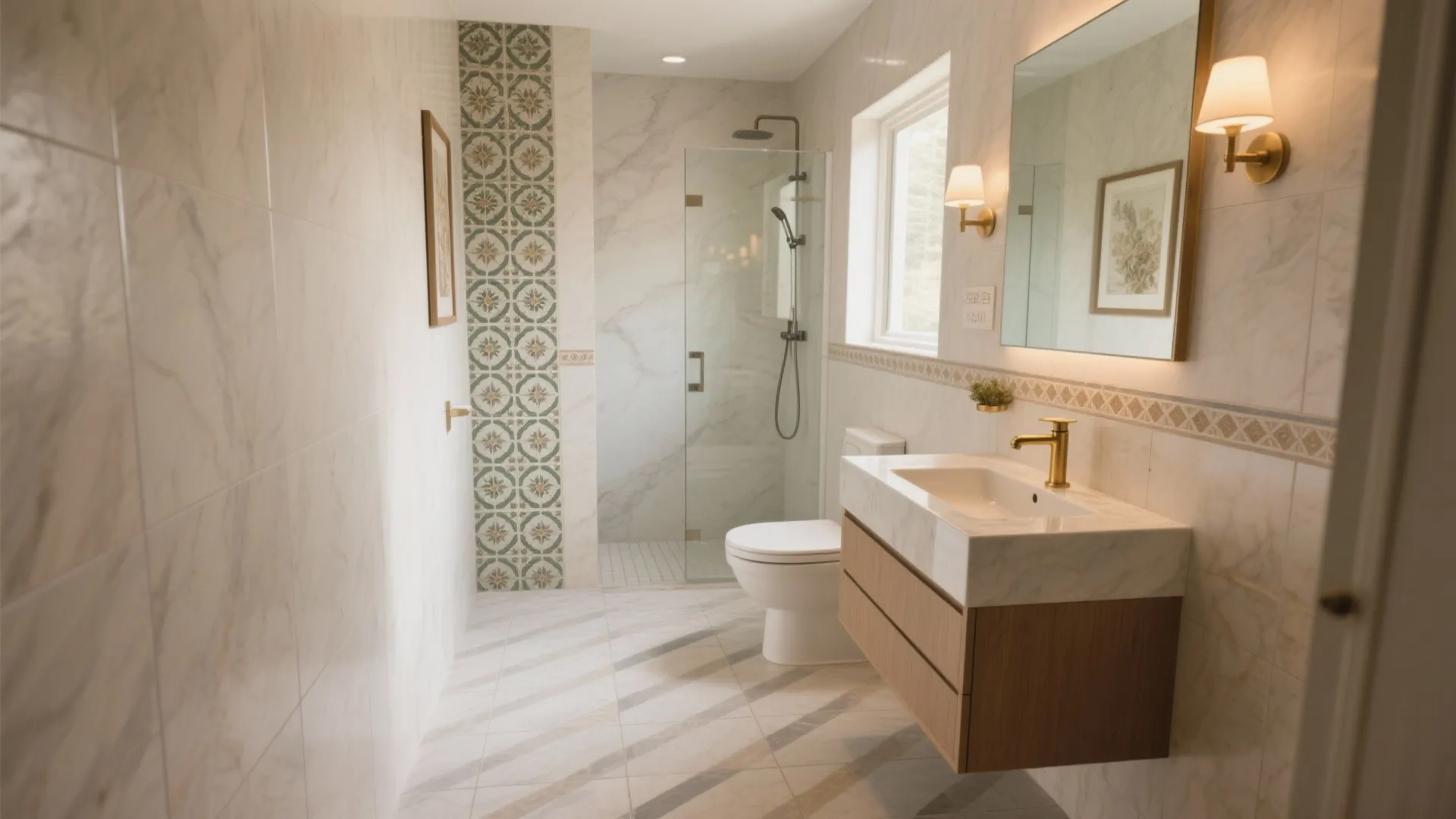Modern bathroom featuring marble wall tiles glass shower door wood cabinet and gold water faucet