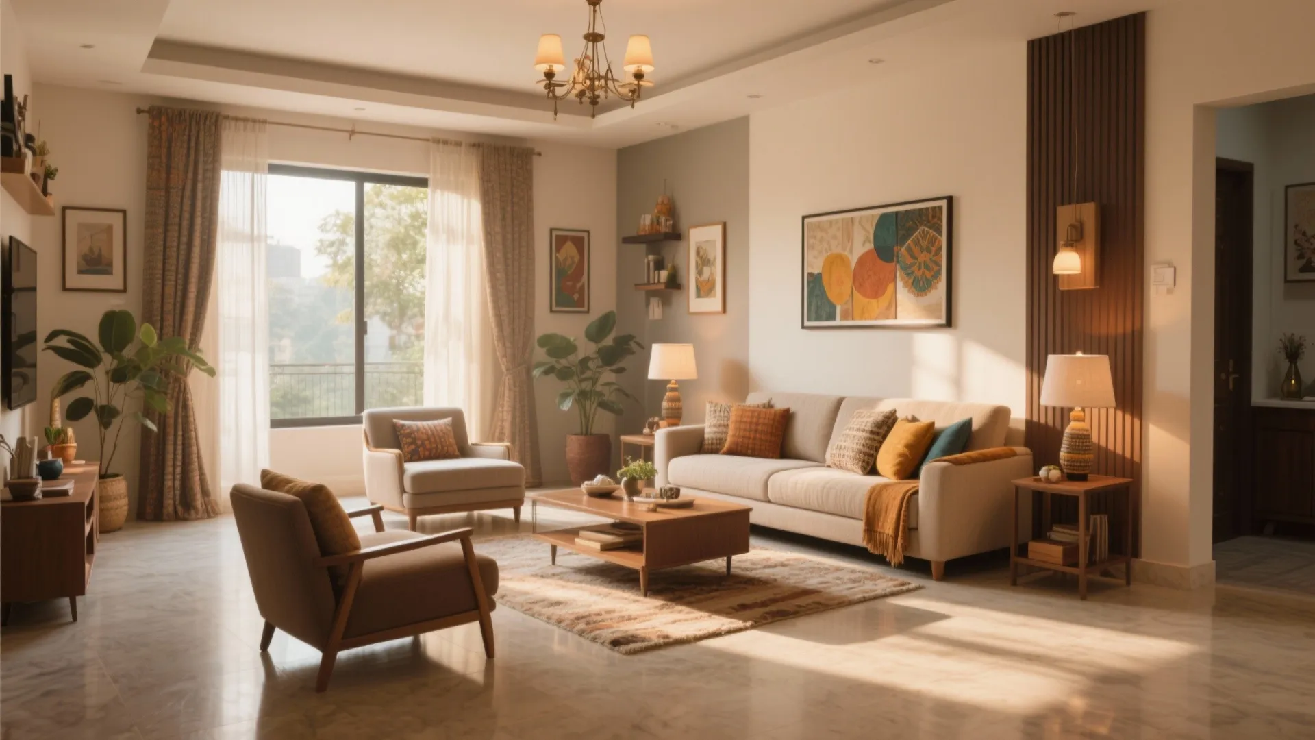 Warm living room featuring beige sofa wood coffee table ceiling light wall art and large window