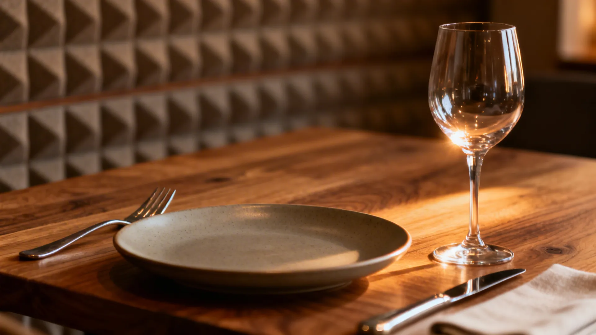 Macro of ceramic plate, crystal stemware, and warm timber table in a serene PDR.