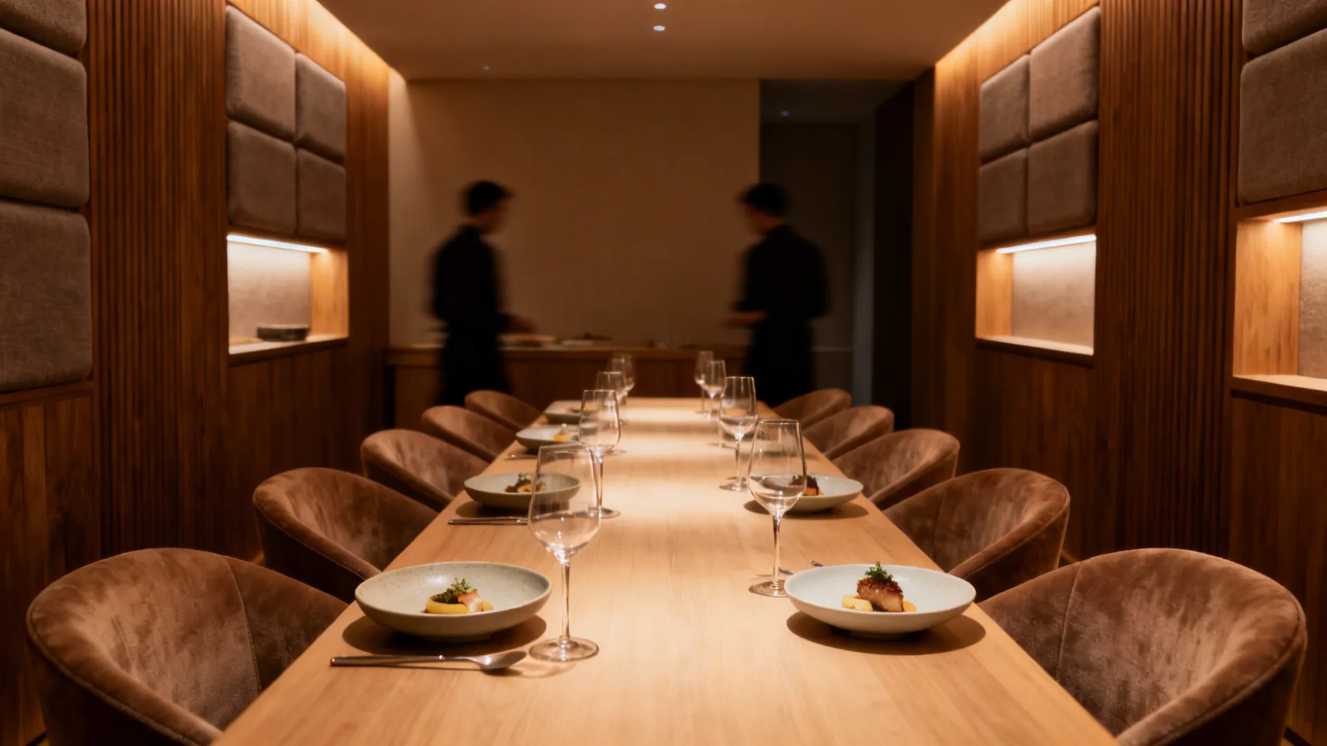Warm wood private dining room with dim lighting and elegant tasting table at The Lodhi.