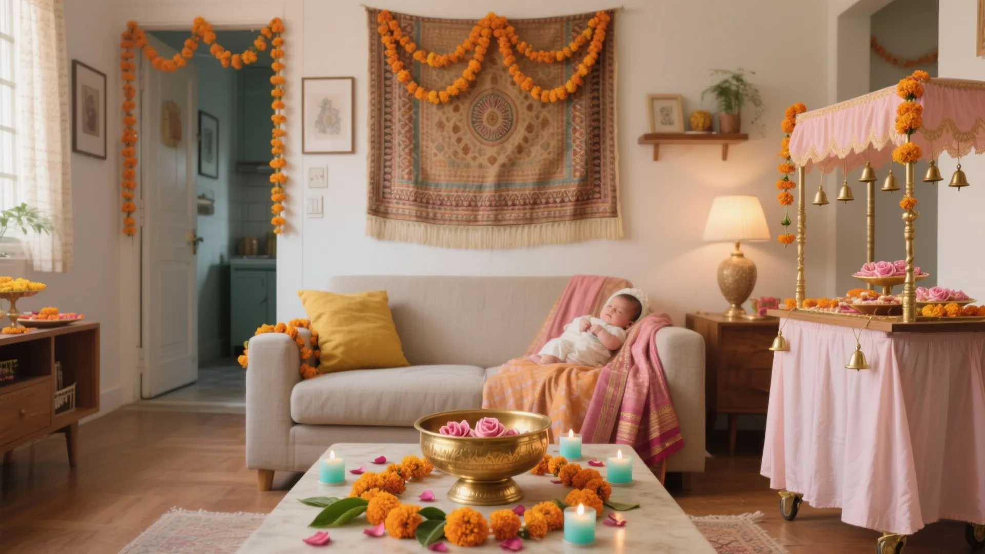 Baby resting on sofa with orange flower garlands near a table with candles and flowers