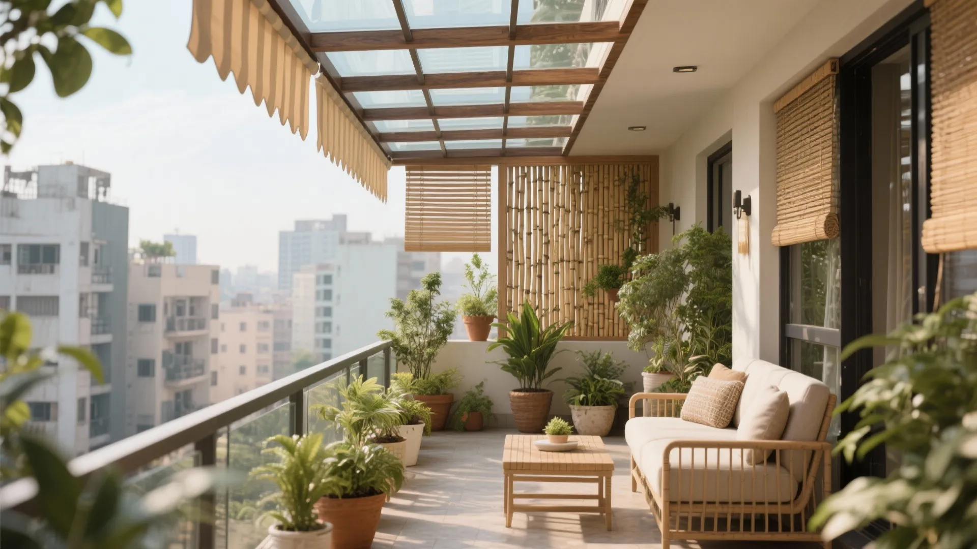 Sunny balcony with glass roof plus wooden frame and comfortable white sofa with many plants