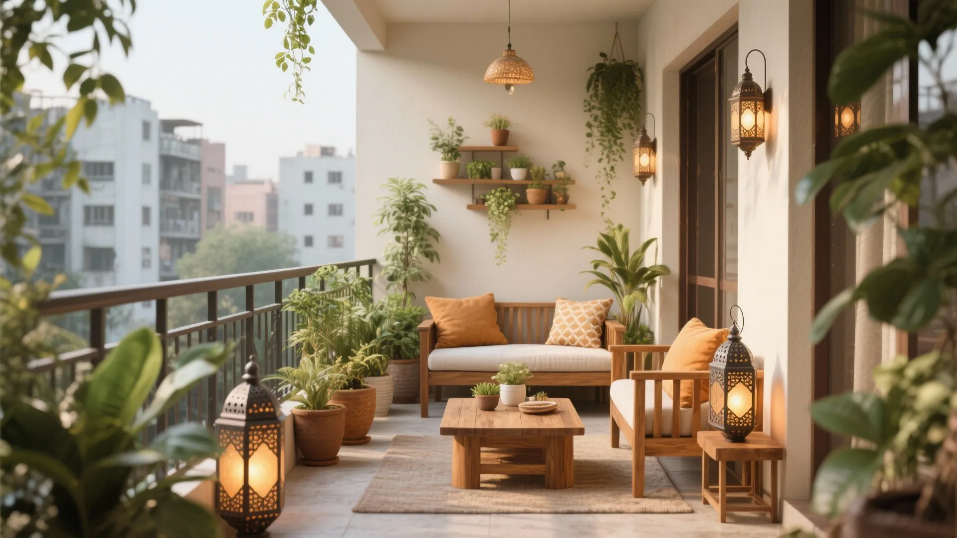 Cozy balcony with wooden sofa orange pillows coffee table many potted plants and hanging lanterns