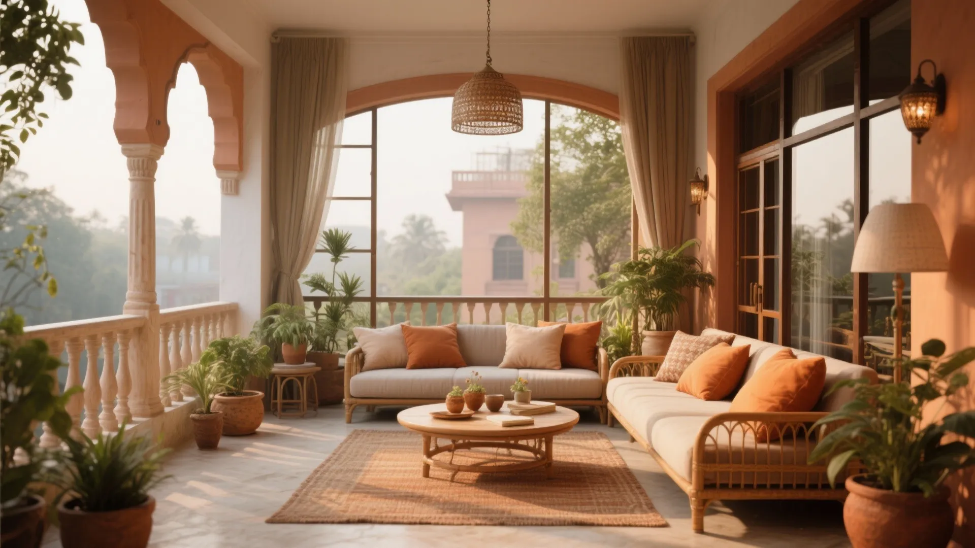 Arched balcony lounge with wooden sofas orange pillows round coffee table rug plants and lights
