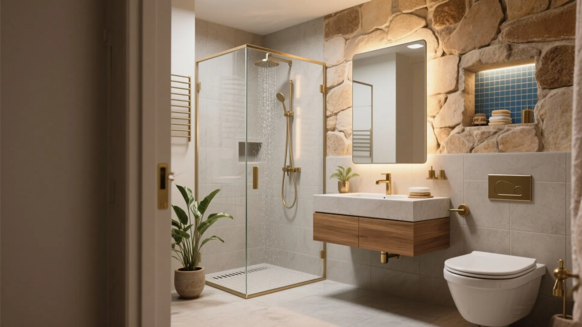 Modern bathroom featuring stone wall, gold light fixture, glass shower, and wooden wall mounted cabinet