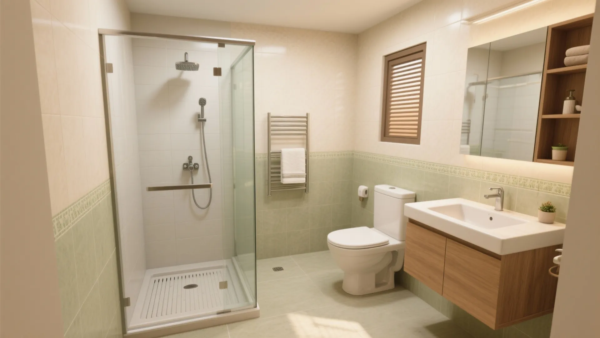 Modern bathroom with glass shower door, white toilet, wooden sink cabinet, and green wall tiles