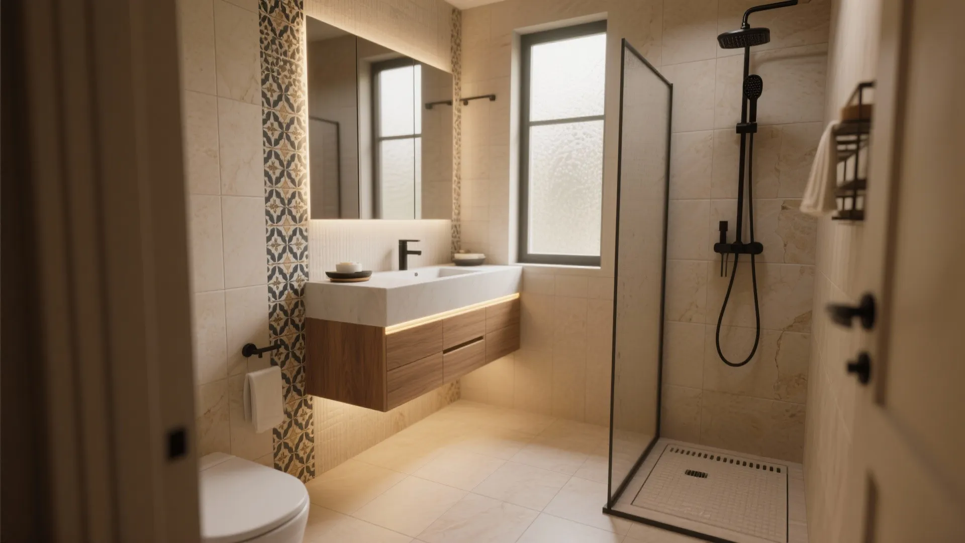 Modern bathroom with wooden cabinet, white sink, large mirror, black shower head, and patterned tiles
