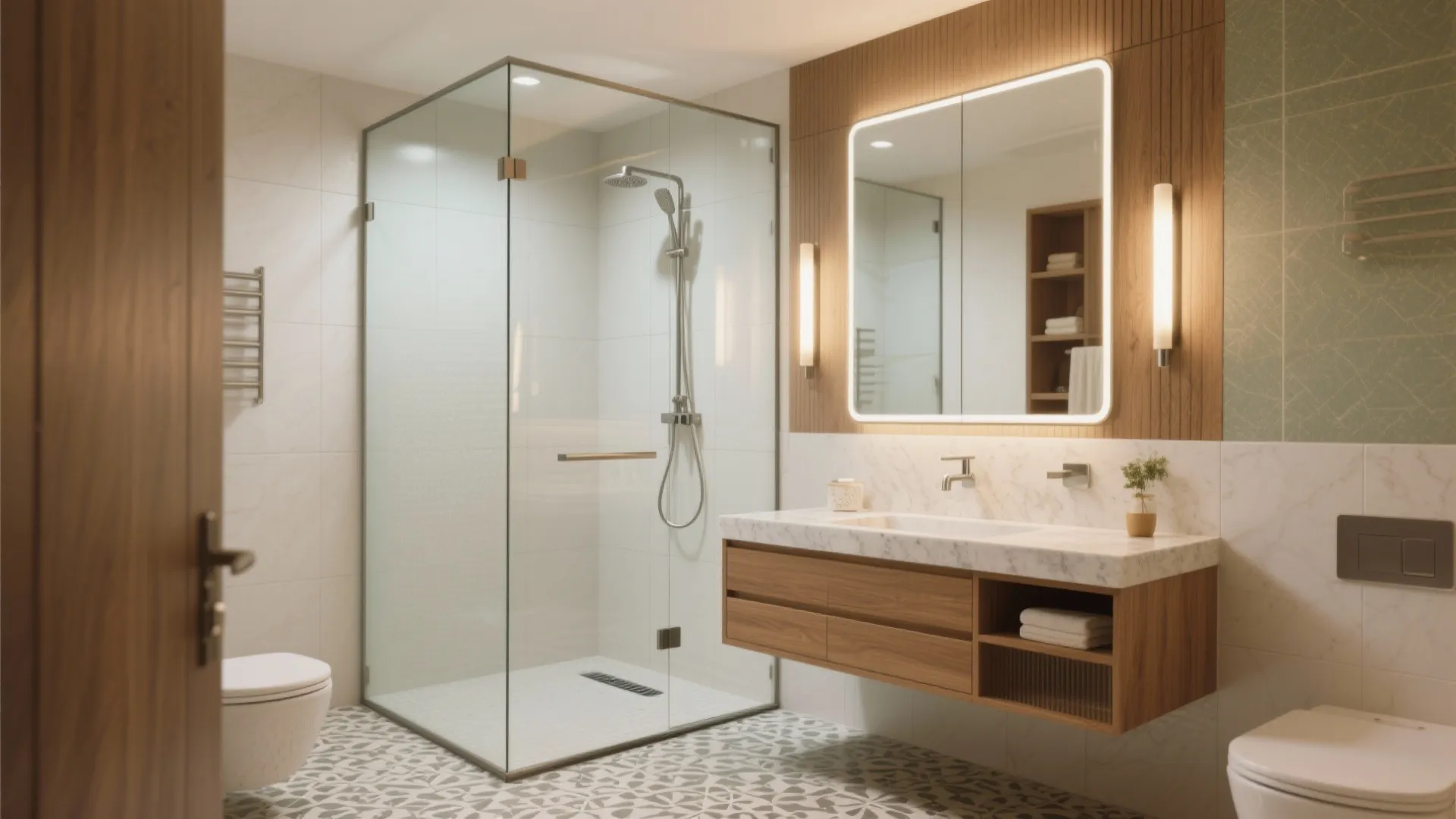 Modern bathroom with glass shower, large lighted mirror, wooden cabinet, marble sink, and patterned floor
