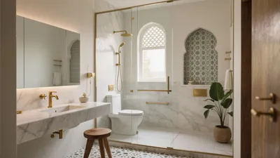 Modern Bathroom Design with Moroccan Tiles & Gold Fixtures