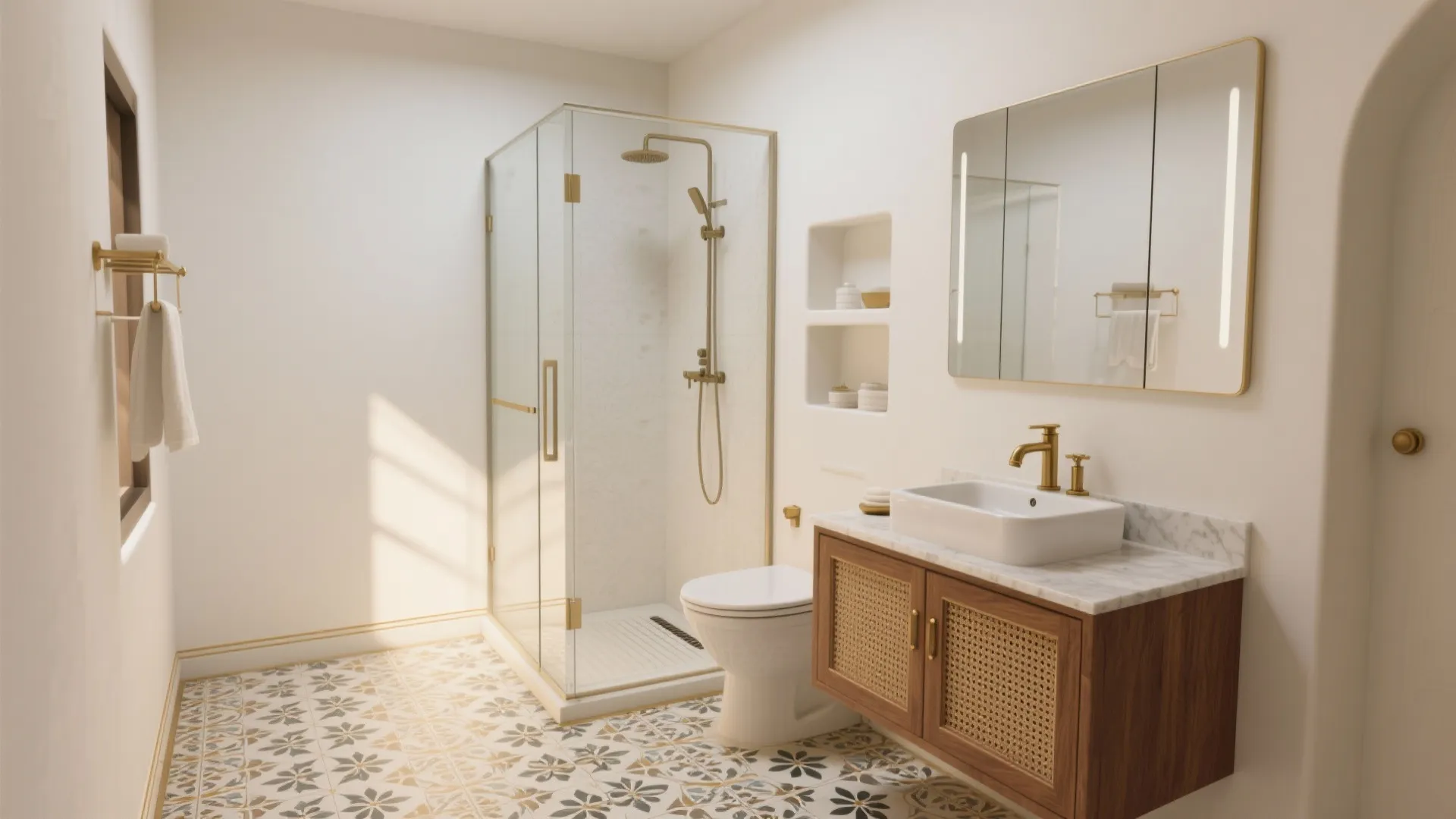 Modern bathroom with glass shower cabin white walls wooden cabinet and patterned tile floor interior design