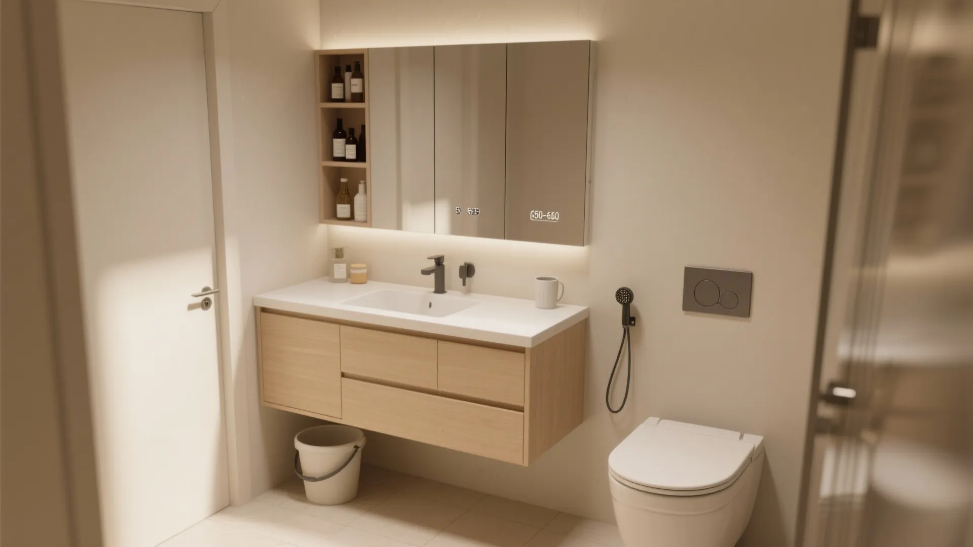 Modern bathroom with light wood cabinet white sink large mirror warm lights and white toilet